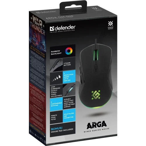 Defender Проводная игровая мышь Arga GM-049 черн,радуж,6кн,3600dpi,+ковер Defender Arga GM-049