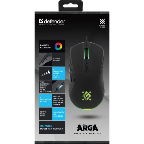 Defender Проводная игровая мышь Arga GM-049 черн,радуж,6кн,3600dpi,+ковер Defender Arga GM-049