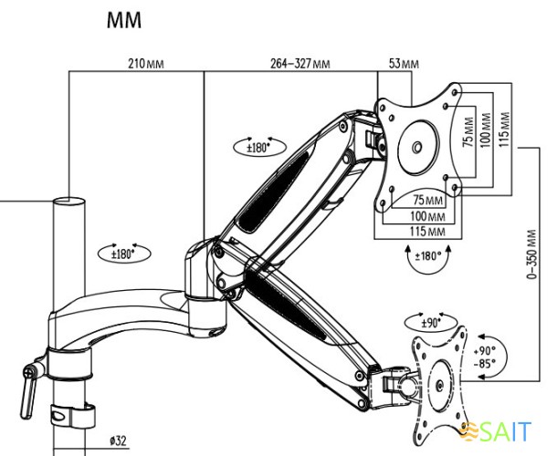 Кронштейн для монитора/ноутбука Cactus CS-VM-LH08-BK черный 13"-27" макс.8кг настольный поворот и наклон