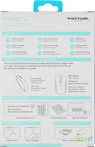 Числовой блок + мышь A4Tech Fstyler FG1600C Air клав:серый мышь:серый/черный USB беспроводная slim (FG1600C)
