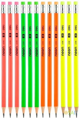 Карандаш ч/г Deli Neon EU51800 2B трехгран. тополь карт.кор. (12шт) ластик