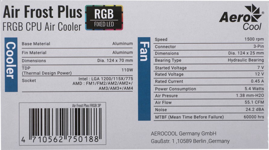 Устройство охлаждения(кулер) Aerocool Air Frost Plus RGB Soc-AM5/AM4/1200/1700/1851 черный 3-pin 24dB Al 110W 360gr Ret (AIR FROST PLUS FRGB 3P)