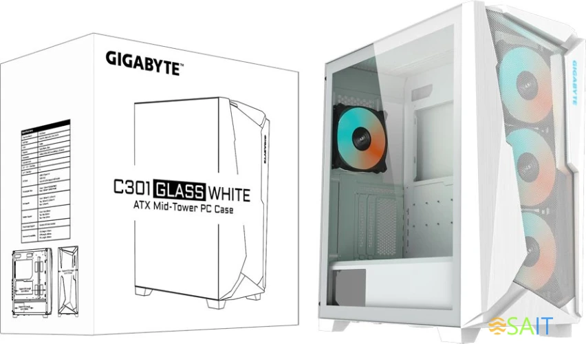 Корпус Gigabyte C301G белый без БП ATX 3x120mm 5x140mm 2xUSB3.0 audio bott PSU