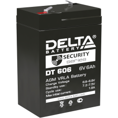 Батарея DELTA серия DT, DT 606, напряжение 6В, емкость 6Ач (разряд 20 часов),  макс. ток разряда (5 сек.) 90А, макс. ток заряда 1.8А, свинцово-кислотная типа AGM, клеммы F1, ДxШxВ 70х48х101мм., вес 0.81кг., срок службы 5 лет. Delta DT 606 (6V / 6Ah)