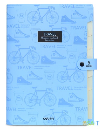 Папка-портфель Deli 5737 на кнопке 8 отдел. A4 пластик ассорти