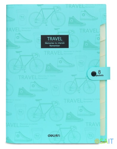 Папка-портфель Deli 5737 на кнопке 8 отдел. A4 пластик ассорти