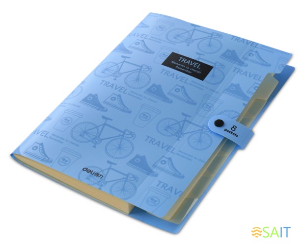 Папка-портфель Deli 5737 на кнопке 8 отдел. A4 пластик ассорти