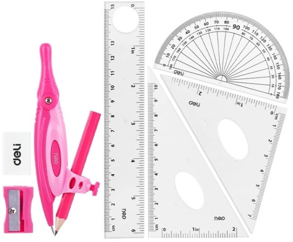 Циркуль Deli EG30204 корпус ассорти пластик в компл.:линейка/транспортир/2 угольника/карандаш/ластик/точилка