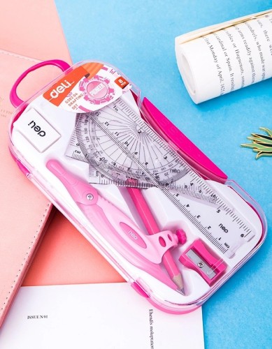 Циркуль Deli EG30204 корпус ассорти пластик в компл.:линейка/транспортир/2 угольника/карандаш/ластик/точилка