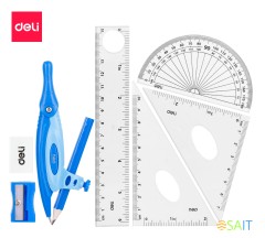 Циркуль Deli EG30204 корпус ассорти пластик в компл.:линейка/транспортир/2 угольника/карандаш/ластик/точилка