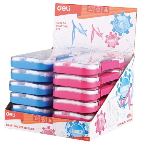 Циркуль Deli EG30204 корпус ассорти пластик в компл.:линейка/транспортир/2 угольника/карандаш/ластик/точилка