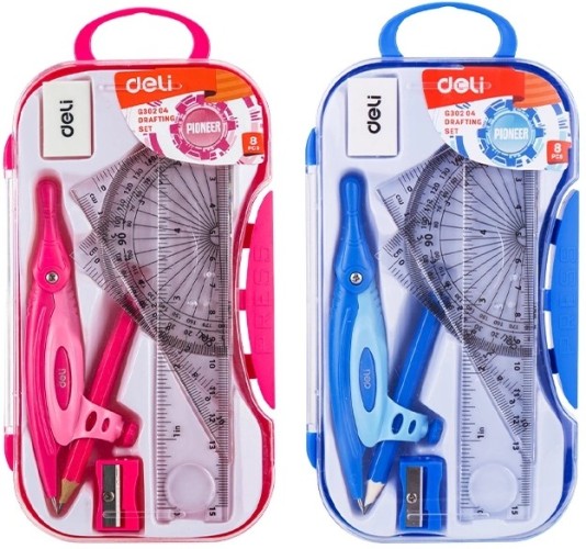 Циркуль Deli EG30204 корпус ассорти пластик в компл.:линейка/транспортир/2 угольника/карандаш/ластик/точилка