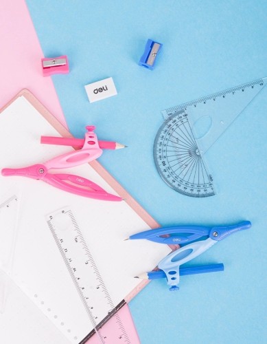 Циркуль Deli EG30204 корпус ассорти пластик в компл.:линейка/транспортир/2 угольника/карандаш/ластик/точилка