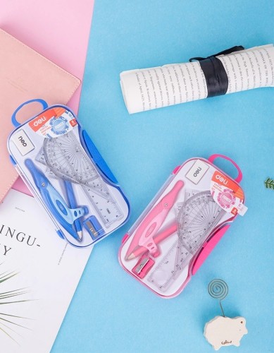 Циркуль Deli EG30204 корпус ассорти пластик в компл.:линейка/транспортир/2 угольника/карандаш/ластик/точилка