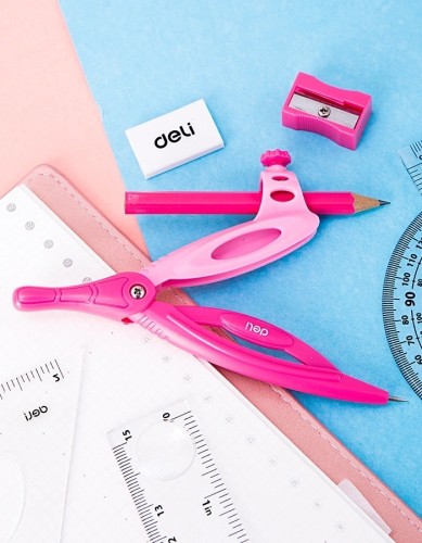 Циркуль Deli EG30204 корпус ассорти пластик в компл.:линейка/транспортир/2 угольника/карандаш/ластик/точилка