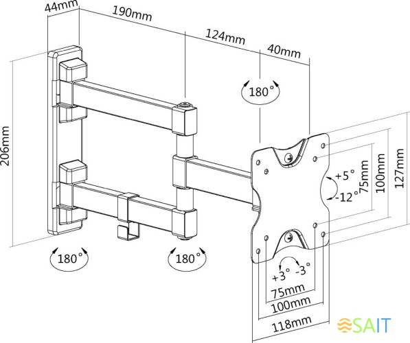 Кронштейн для телевизора Ultramounts UM894 черный 13"-27" макс.20кг настенный поворотно-выдвижной и наклонный