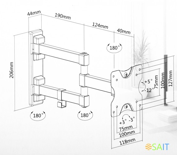 Кронштейн для телевизора Ultramounts UM894 черный 13"-27" макс.20кг настенный поворотно-выдвижной и наклонный