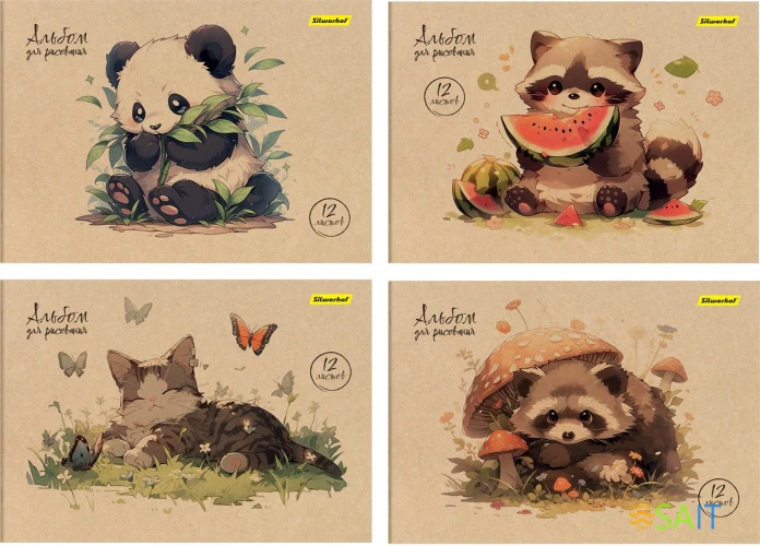 Альбом для рисования Silwerhof 12л. A4 Акварель на крафте 4диз. мел.картон скрепка (упак.:4шт)