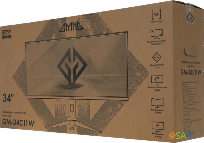 Монитор GMNG 34" Gaming GM-34C11W черный VA LED 2ms 21:9 HDMI M/M матовая HAS Piv 4000:1 300cd 178гр/178гр 3440x1440 165Hz G-Sync FreeSync DP 2K 8.57кг