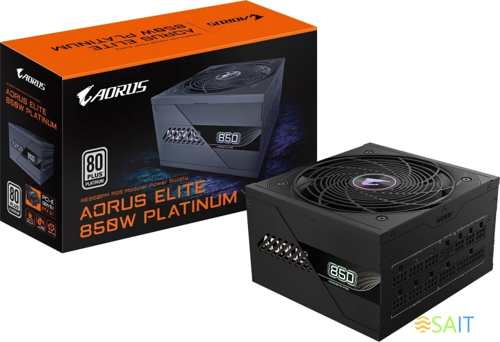 Блок питания Gigabyte ATX 850W Aorus Elite GP-AE850PM PG5 Gen.5 80+ platinum (20+4pin) APFC 120mm fan 8xSATA Cab Manag RTL