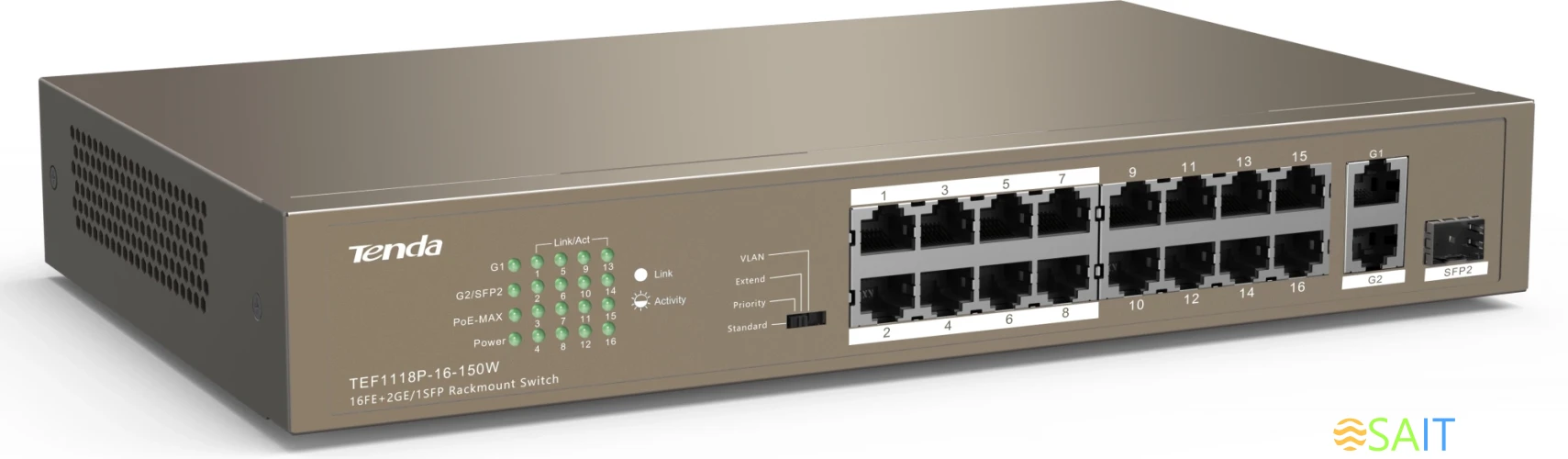 Коммутатор Tenda TEF1118P-16-150W (L2) 16x100Мбит/с 2x1Гбит/с 1SFP 16PoE 130W неуправляемый