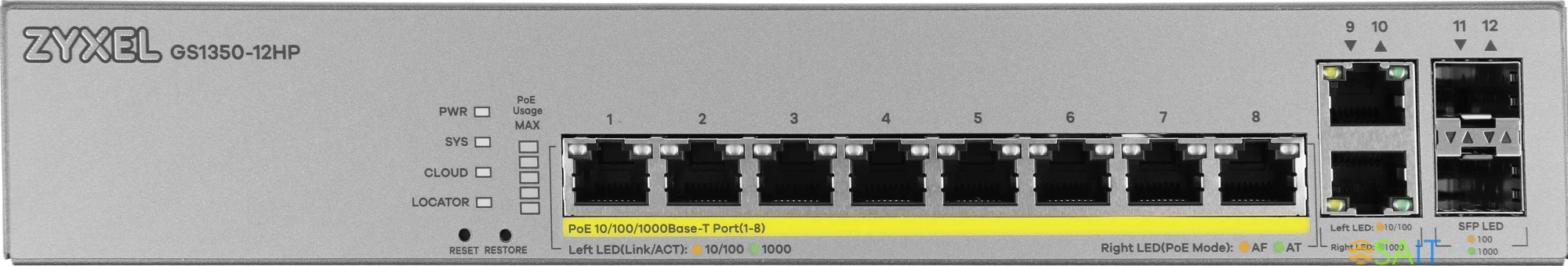 Коммутатор Zyxel GS1350-12HP-EU0101F (L2) 10x1Гбит/с 2SFP 8PoE+ 130W управляемый