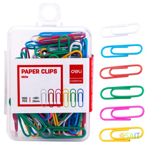 Скрепки Deli E0024 пластиковая оболочка 29мм ассорти (упак.:100шт) пластиковая коробка