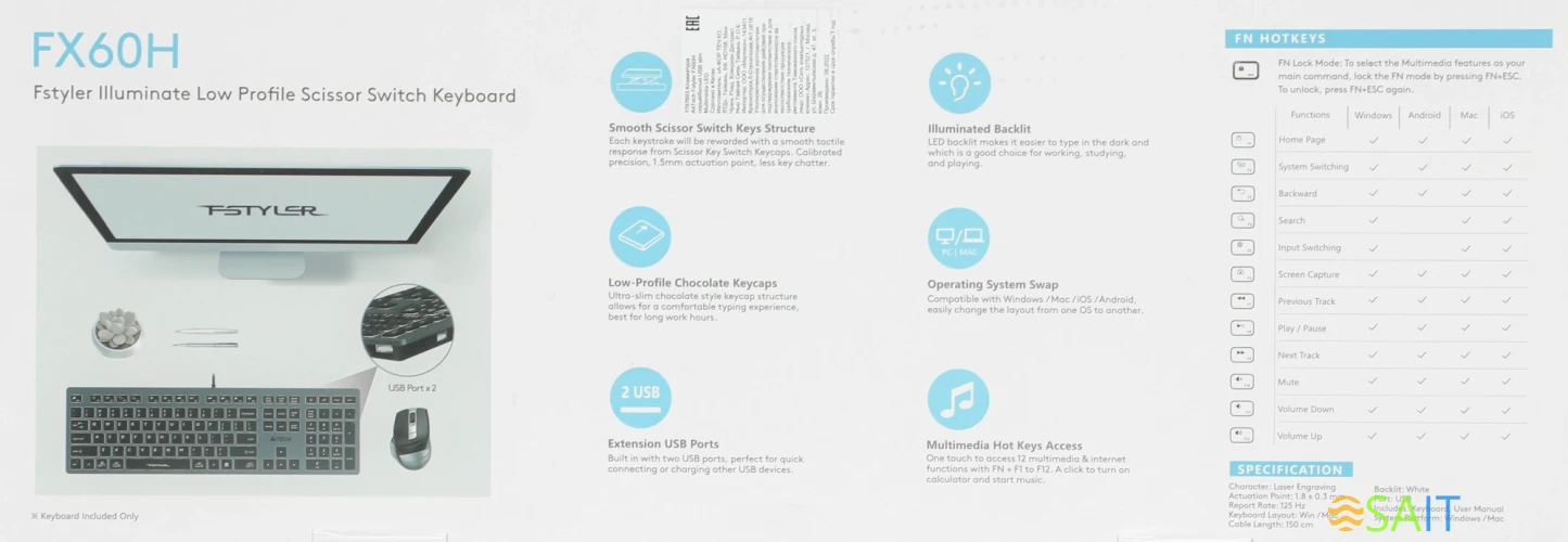 Клавиатура A4Tech Fstyler FX60H серый USB slim LED (FX60H GREY/WHITE)