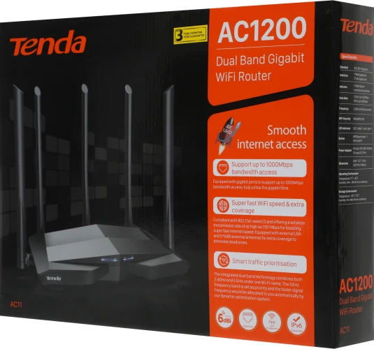 Роутер беспроводной Tenda AC11 AC1200 10/100/1000BASE-TX черный