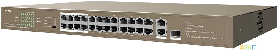 Коммутатор Tenda TEF1126P-24-250W (L2) 24x100Мбит/с 2x1Гбит/с 1SFP 24PoE 230W неуправляемый