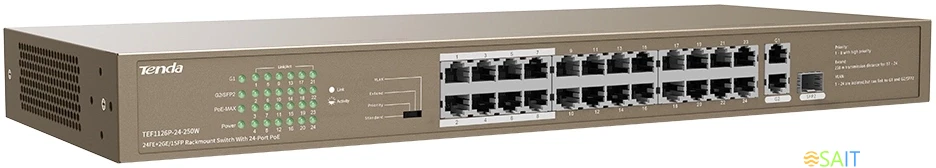 Коммутатор Tenda TEF1126P-24-250W (L2) 24x100Мбит/с 2x1Гбит/с 1SFP 24PoE 230W неуправляемый