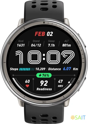 Смарт-часы Amazfit Active 2R A2437 43.9мм 1.32" AMOLED корп.серебристый рем.черный разм.брасл.:135-195мм (6970100377712)