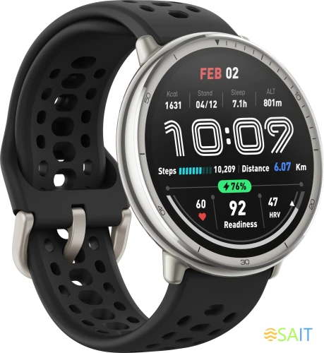 Смарт-часы Amazfit Active 2R A2437 43.9мм 1.32" AMOLED корп.серебристый рем.черный разм.брасл.:135-195мм (6970100377712)