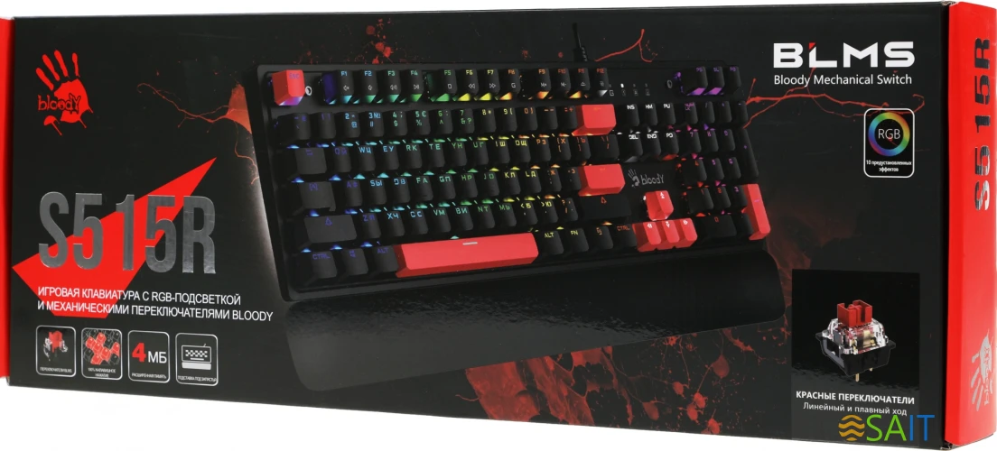 Клавиатура A4Tech Bloody S515R механическая черный USB for gamer LED (подставка для запястий) (S515R FIRE BLACK)