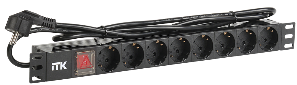 ITK PDU 8 розеток DIN49440 (нем. cтанд.) с LED выключателем, 1U, шнур 2м вилка DIN49441 (нем. станд.), алюминиевый профиль, черный ITK PH12-8D1