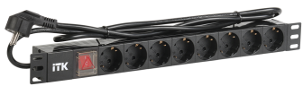ITK PDU 8 розеток DIN49440 (нем. cтанд.) с LED выключателем, 1U, шнур 2м вилка DIN49441 (нем. станд.), алюминиевый профиль, черный ITK PH12-8D1