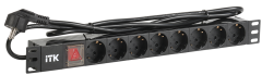ITK PDU 8 розеток DIN49440 (нем. cтанд.) с LED выключателем, 1U, шнур 2м вилка DIN49441 (нем. станд.), алюминиевый профиль, черный ITK PH12-8D1