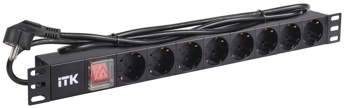 ITK PDU 8 розеток DIN49440 (нем. cтанд.) с LED выключателем, 1U, шнур 2м вилка DIN49441 (нем. станд.), алюминиевый профиль, черный ITK PH12-8D1
