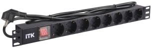 ITK PDU 8 розеток DIN49440 (нем. cтанд.) с LED выключателем, 1U, шнур 2м вилка DIN49441 (нем. станд.), алюминиевый профиль, черный ITK PH12-8D1