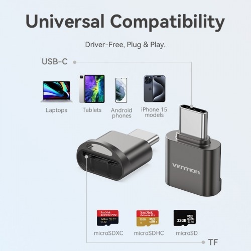 Картридер Vention OTG USB 2.0 CM / MicroSD - Серый Vention CLMH0