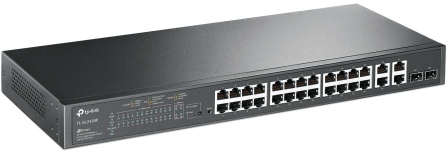 Коммутатор TP-Link SL2428P (L2) 24x100Мбит/с 4x1Гбит/с 2xКомбо(1000BASE-T/SFP) 24PoE+ 250W управляемый