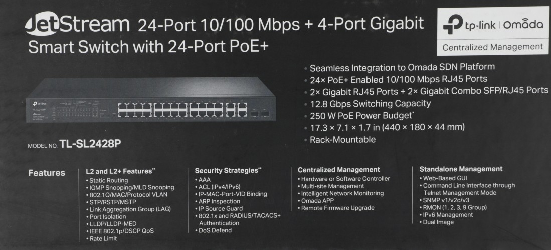 Коммутатор TP-Link SL2428P (L2) 24x100Мбит/с 4x1Гбит/с 2xКомбо(1000BASE-T/SFP) 24PoE+ 250W управляемый