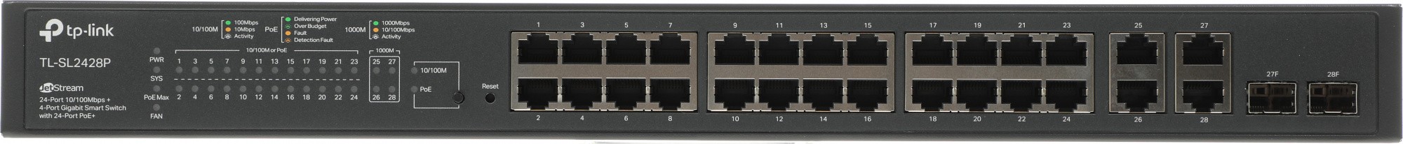 Коммутатор TP-Link SL2428P (L2) 24x100Мбит/с 4x1Гбит/с 2xКомбо(1000BASE-T/SFP) 24PoE+ 250W управляемый