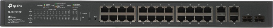 Коммутатор TP-Link SL2428P (L2) 24x100Мбит/с 4x1Гбит/с 2xКомбо(1000BASE-T/SFP) 24PoE+ 250W управляемый