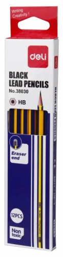 Карандаш ч/г Deli E38030 HB шестигран. липа кор.европод. (12шт) ластик