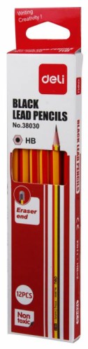 Карандаш ч/г Deli E38030 HB шестигран. липа кор.европод. (12шт) ластик