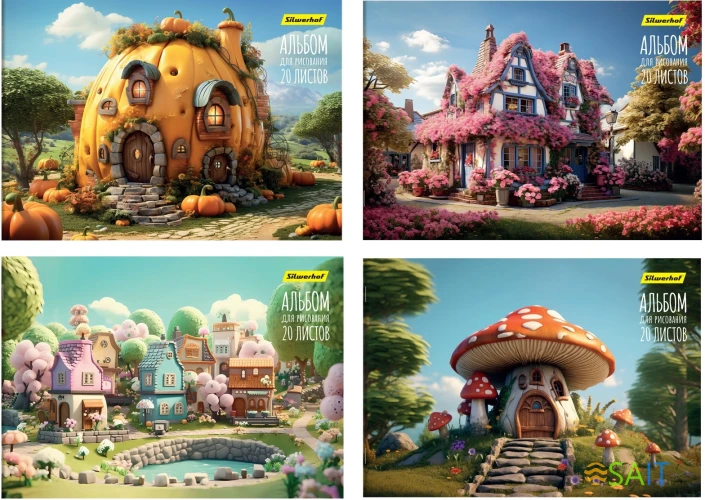 Альбом для рисования Silwerhof 20л. A4 Сказочный мир 4диз. мел.картон скрепка (упак.:4шт)