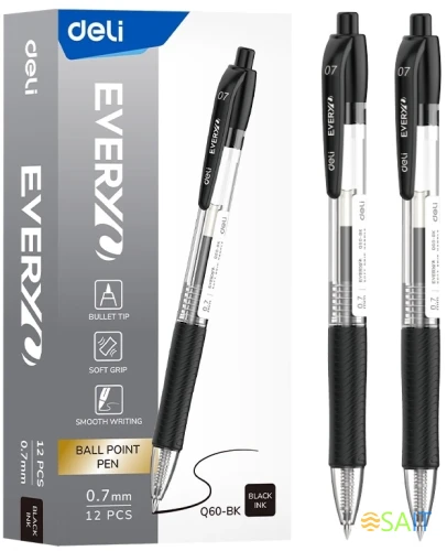 Ручка шариков. автоматическая Deli EveryU EQ60-BK прозрачный/черный d=0.7мм черн. черн. пулевидный пиш. наконечник кругл. резин. манжета