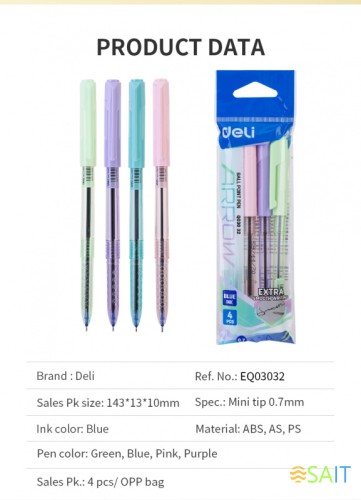 Набор ручек шариков. Deli Arrow EQ03032 ассорти d=0.7мм син. черн. (4шт) линия 0.4мм 4цв.