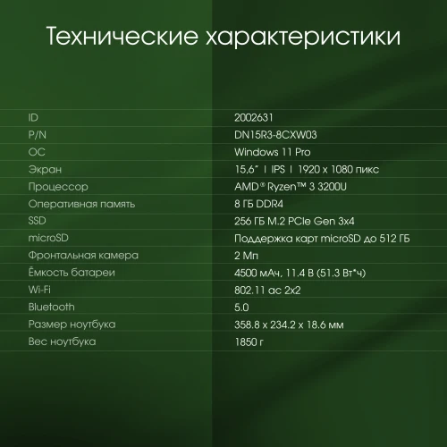 Ноутбук Digma Pro Parvus M Ryzen 3 3200U 8Gb SSD256Gb AMD Radeon Vega 3 15.6" IPS FHD (1920x1080) Windows 11 Pro dk.grey WiFi BT Cam 4500mAh (DN15R3-8CXW03)